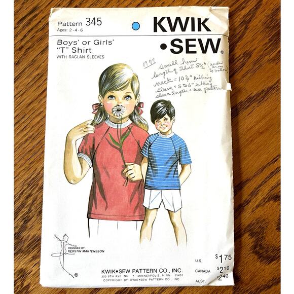 UNCUT Vintage 1960s Kwik Sew 345 Sewing Pattern Size 2-6yr old Raglan T Shirt - Picture 1 of 2